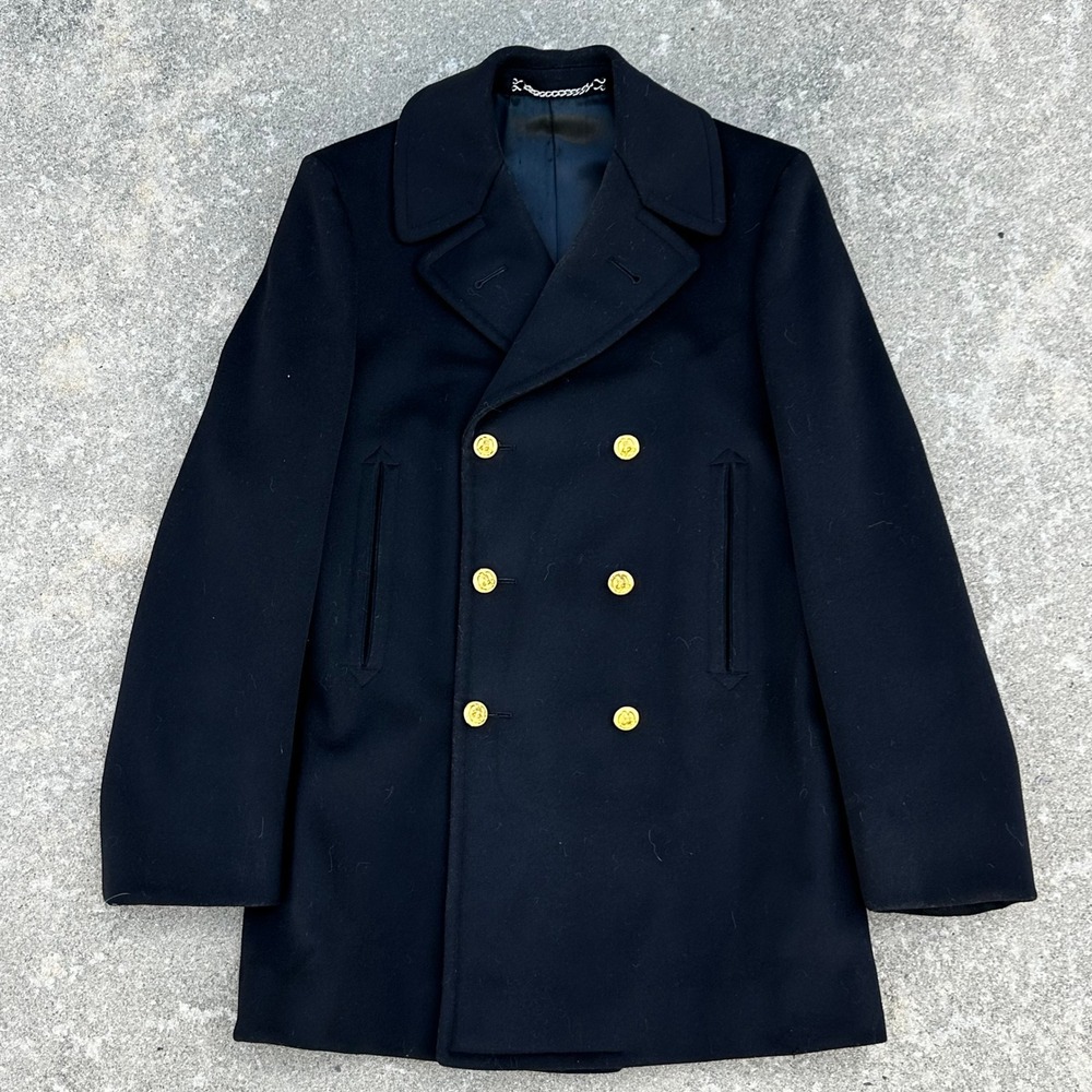 Vintage US Naval Academy Pea Coat Mens Black Wool Jacob Reed's 50s Gold Buttons